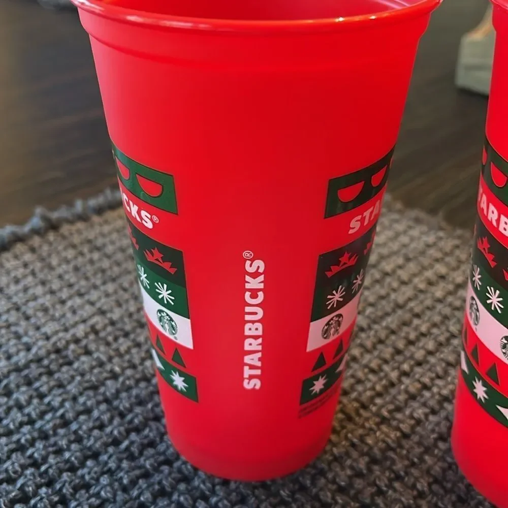 Set of 2 reusable red Starbucks cups with lids